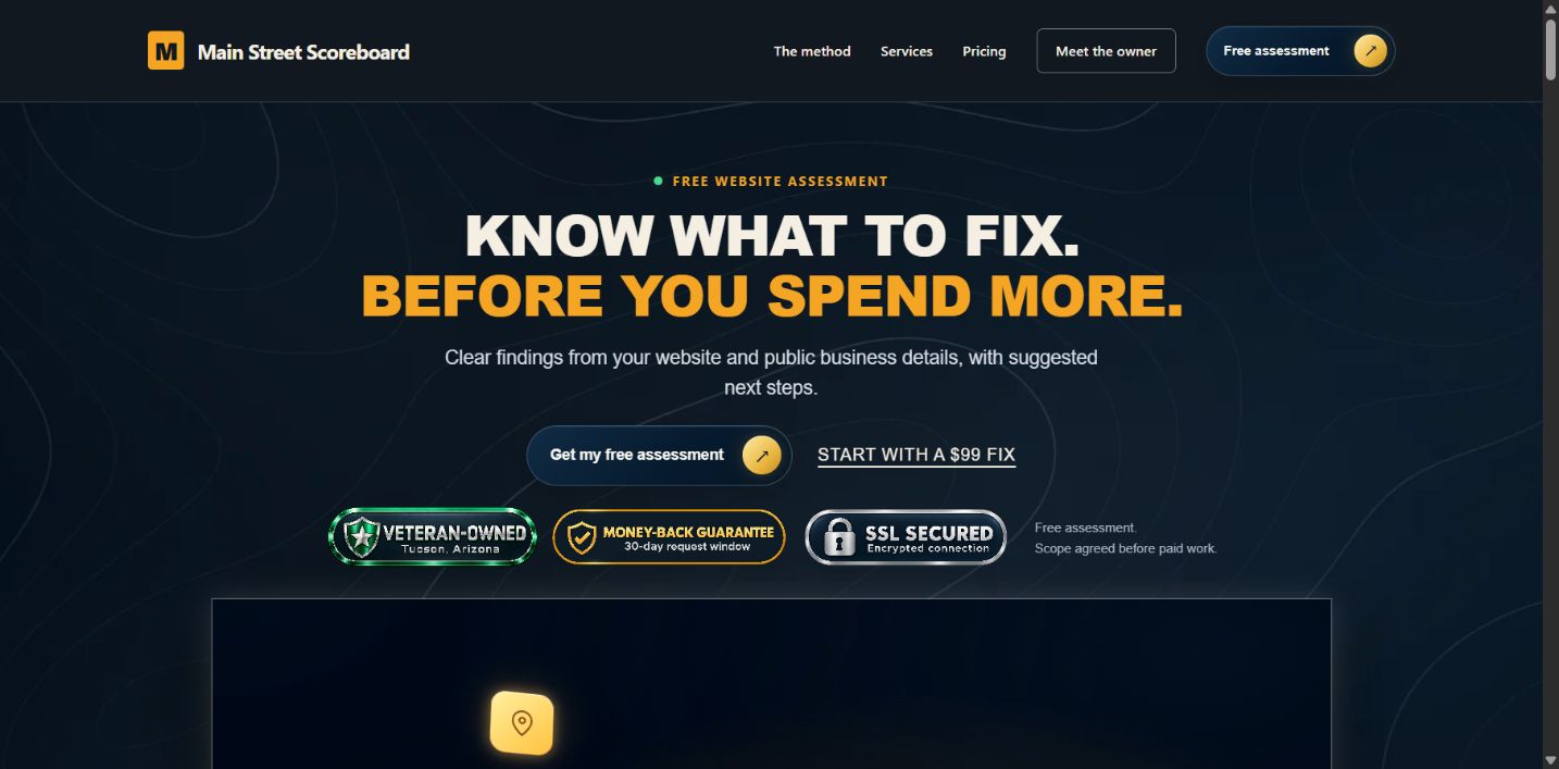Main Street Scoreboard homepage offering a free private website assessment